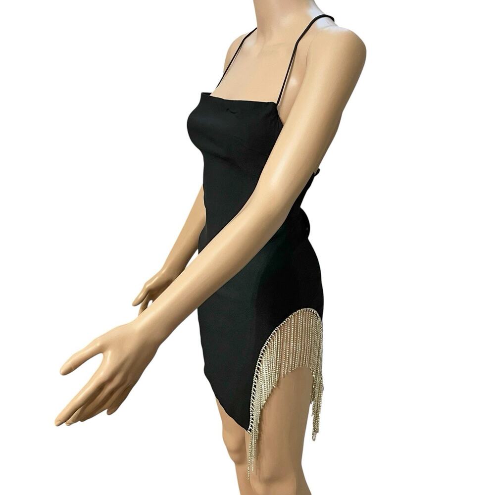 White Fox Come Back Mini Dress Small Rhinestone Fringe Bodycon Club Party Slit - Picture 3 of 11